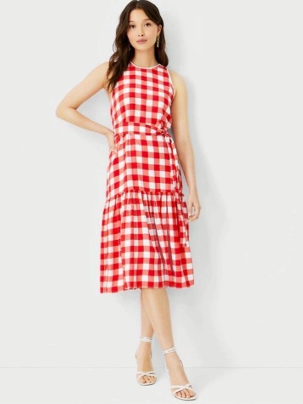 Ann Taylor Red and White Gingham Sleeveless Midi Dress- Medium